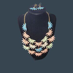 Floral Statement Necklace & Earrings Set In Pastel Colors On Gold Chain With Rhi